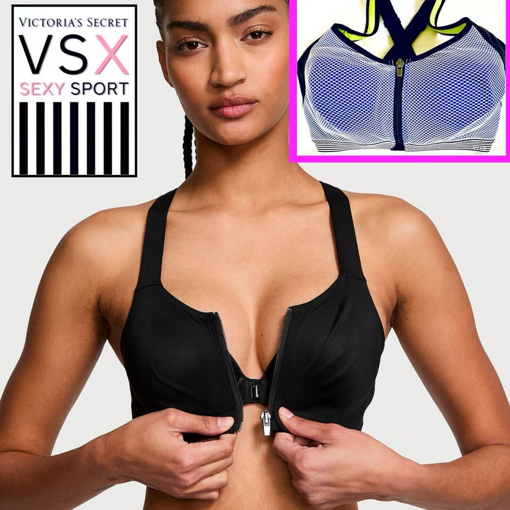 VSX Sports Bra, 32DD, 32D, White Mesh/Electric Blue/Neon Yellow, “The Knockout”